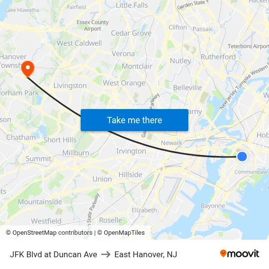 JFK Blvd at Duncan Ave to East Hanover, NJ map