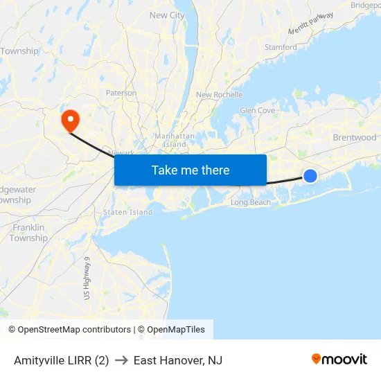 Amityville LIRR (2) to East Hanover, NJ map