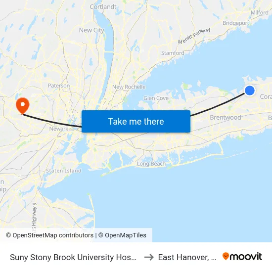 Suny Stony Brook University Hospital to East Hanover, NJ map