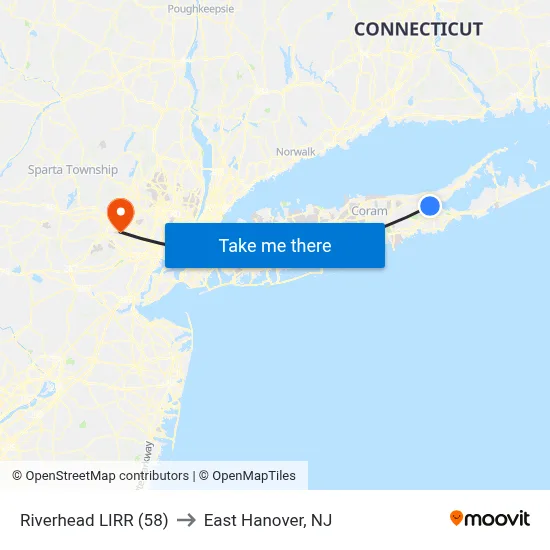 Riverhead LIRR (58) to East Hanover, NJ map