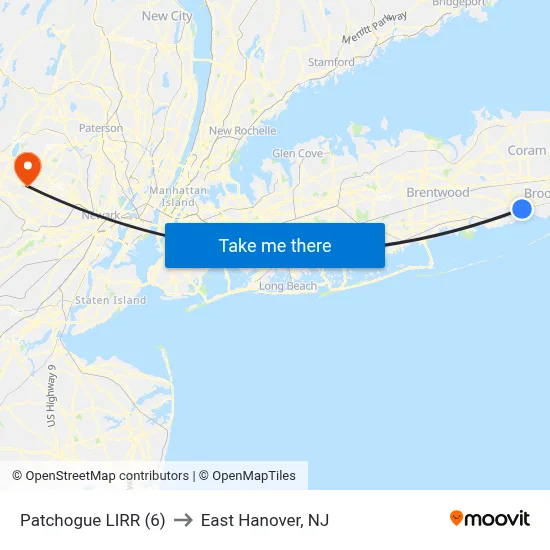 Patchogue LIRR (6) to East Hanover, NJ map