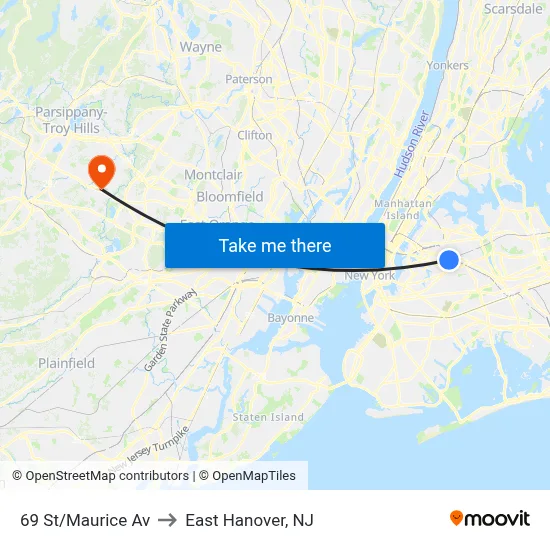 69 St/Maurice Av to East Hanover, NJ map