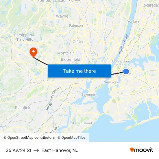 36 Av/24 St to East Hanover, NJ map