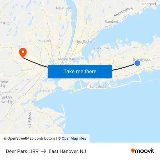 Deer Park LIRR to East Hanover, NJ map