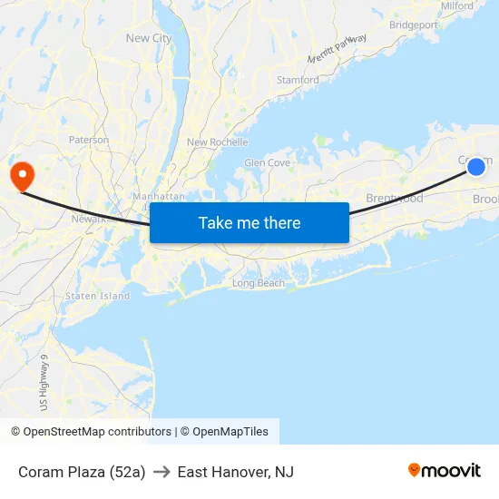 Coram Plaza (52a) to East Hanover, NJ map