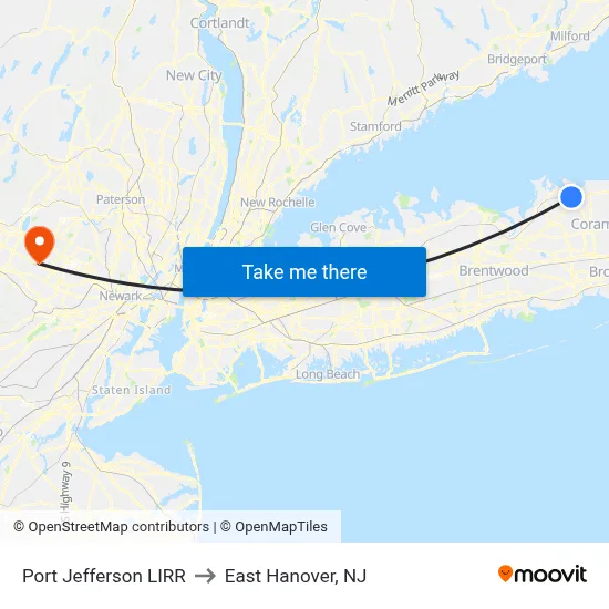 Port Jefferson LIRR to East Hanover, NJ map