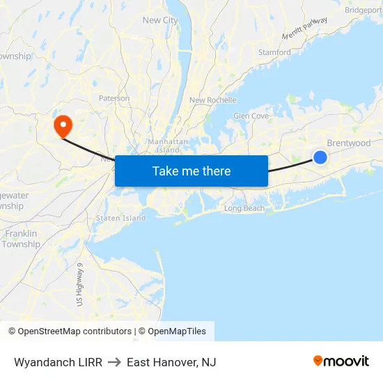 Wyandanch LIRR to East Hanover, NJ map