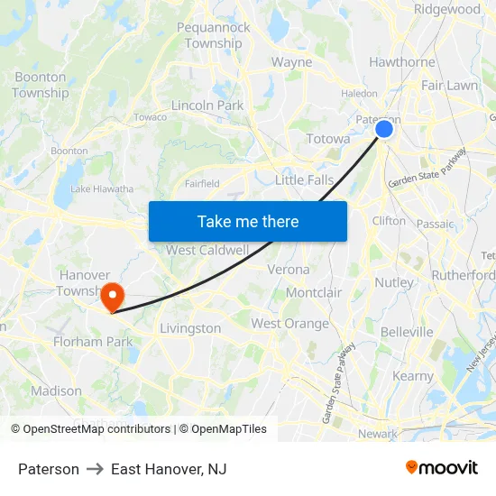 Paterson to East Hanover, NJ map