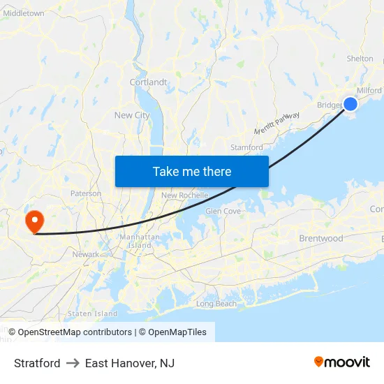 Stratford to East Hanover, NJ map