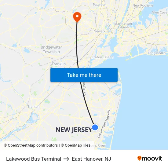 Lakewood Bus Terminal to East Hanover, NJ map