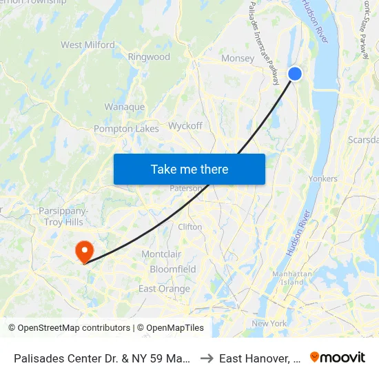 Palisades Center Dr. & NY 59 Macy's to East Hanover, NJ map