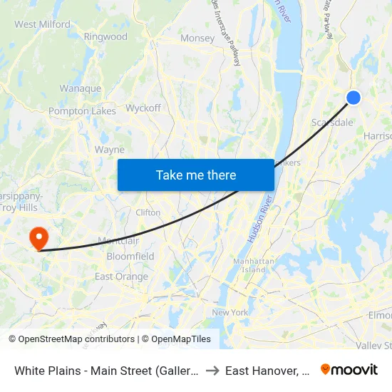 White Plains - Main Street (Galleria) to East Hanover, NJ map