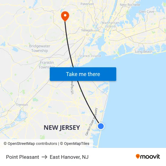 Point Pleasant to East Hanover, NJ map