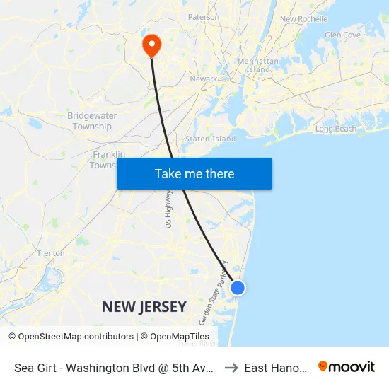 Sea Girt - Washington Blvd @ 5th Ave (Northbound) to East Hanover, NJ map