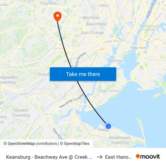 Keansburg -  Beachway Ave @ Creek Rd (Northbound) to East Hanover, NJ map
