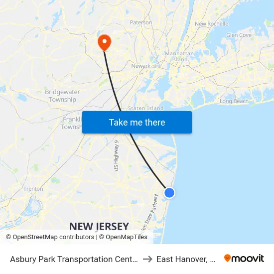 Asbury Park Transportation Center to East Hanover, NJ map