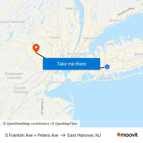 S Franklin Ave + Peters Ave to East Hanover, NJ map