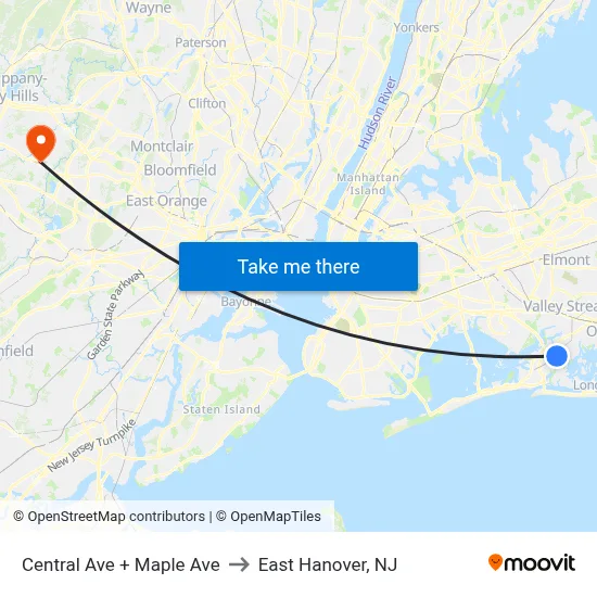 Central Ave + Maple Ave to East Hanover, NJ map