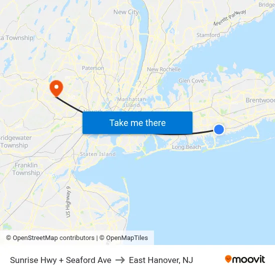 Sunrise Hwy + Seaford Ave to East Hanover, NJ map
