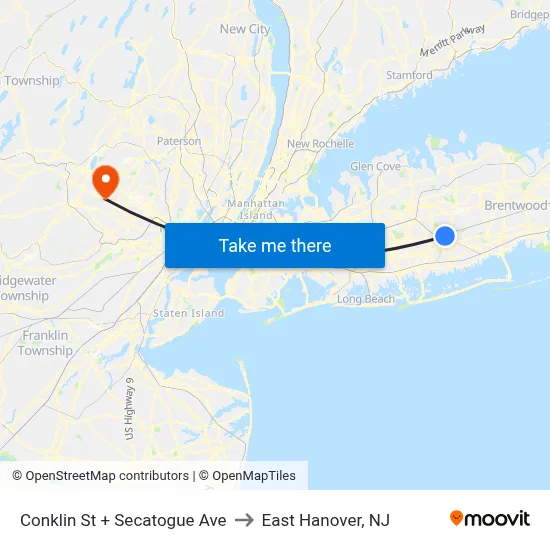 Conklin St + Secatogue Ave to East Hanover, NJ map