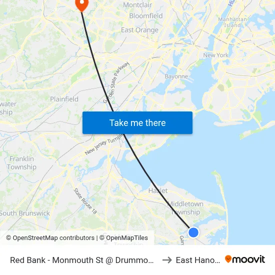 Red Bank - Monmouth St @ Drummond Pl (Southbound) to East Hanover, NJ map