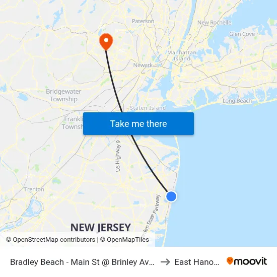Bradley Beach - Main St @ Brinley Ave (Southbound) to East Hanover, NJ map