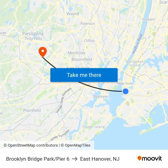 Brooklyn Bridge Park/Pier 6 to East Hanover, NJ map