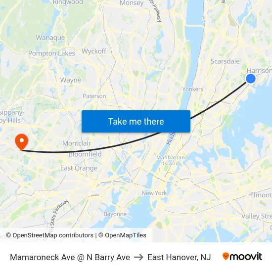 Mamaroneck Ave @ N Barry Ave to East Hanover, NJ map