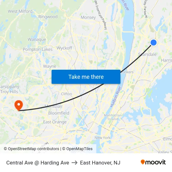Central Ave @ Harding Ave to East Hanover, NJ map
