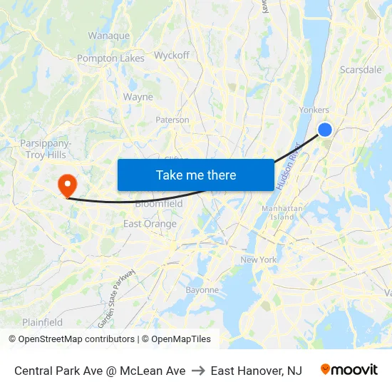 Central Park Ave @ McLean Ave to East Hanover, NJ map