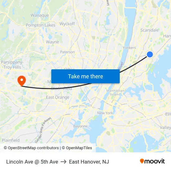 Lincoln Ave @ 5th Ave to East Hanover, NJ map