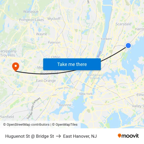 Huguenot St @ Bridge St to East Hanover, NJ map