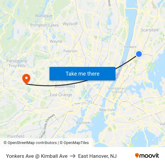 Yonkers Ave @ Kimball Ave to East Hanover, NJ map