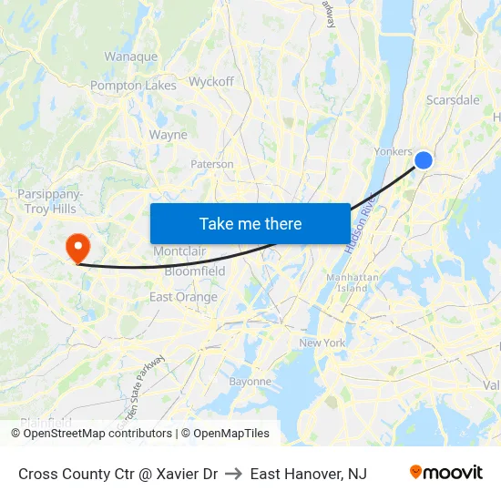 Cross County Ctr @ Xavier Dr to East Hanover, NJ map