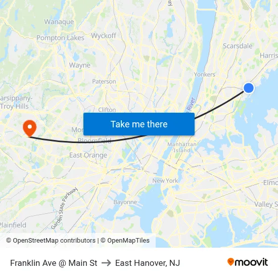Franklin Ave @ Main St to East Hanover, NJ map