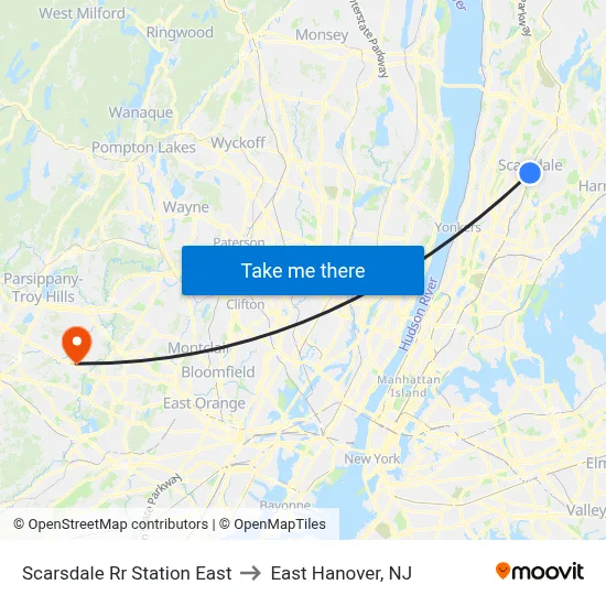 Scarsdale Rr Station East to East Hanover, NJ map