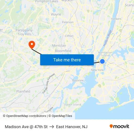 Madison Ave @ 47th St to East Hanover, NJ map