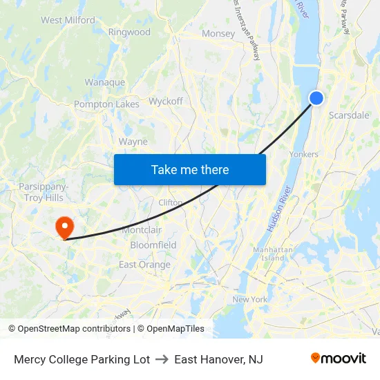 Mercy College Parking Lot to East Hanover, NJ map