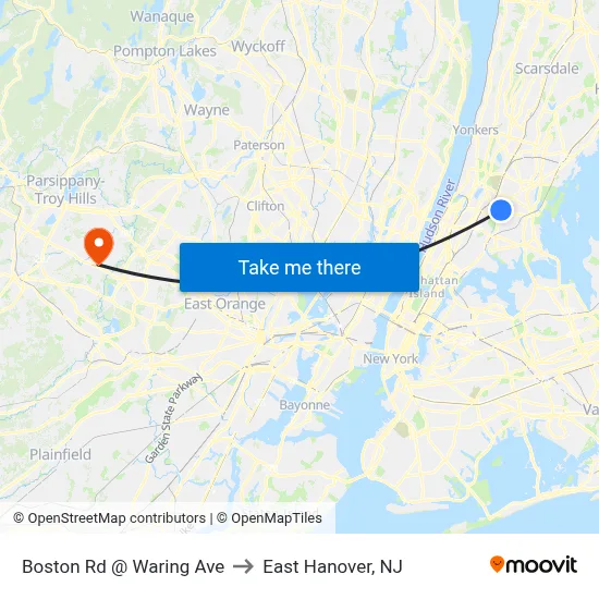 Boston Rd @ Waring Ave to East Hanover, NJ map