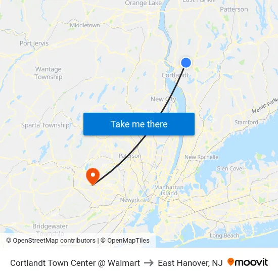 Cortlandt Town Center @ Walmart to East Hanover, NJ map
