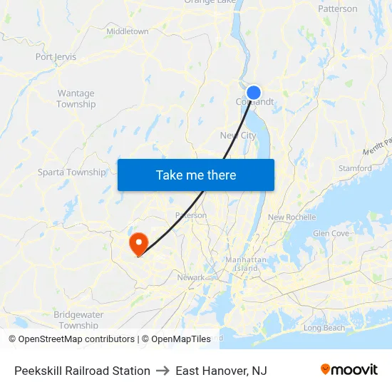 Peekskill Railroad Station to East Hanover, NJ map