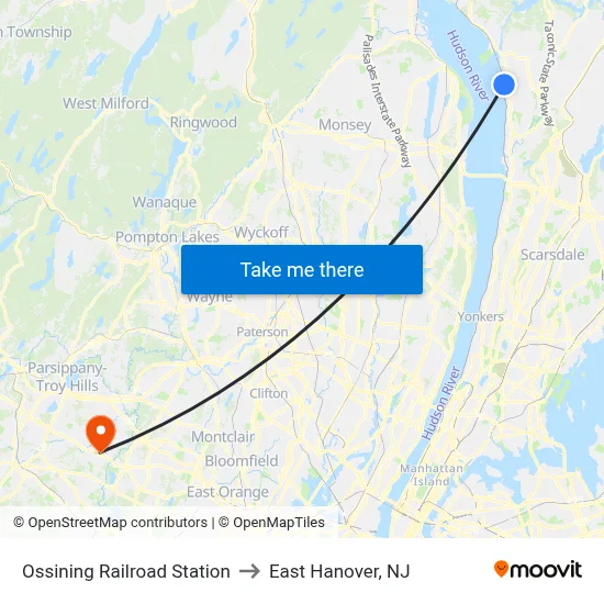 Ossining Railroad Station to East Hanover, NJ map