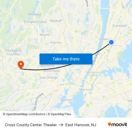 Cross County Center Theater to East Hanover, NJ map