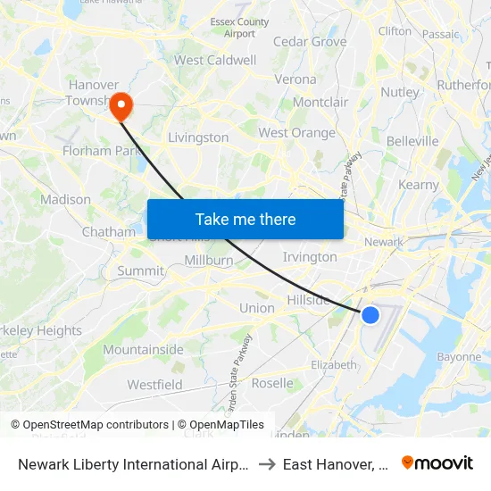 Newark Liberty International Airport to East Hanover, NJ map
