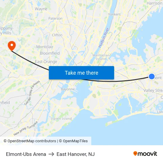 Elmont-Ubs Arena to East Hanover, NJ map