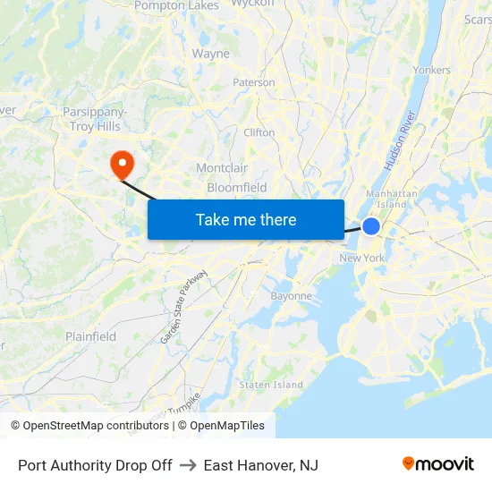 Port Authority Drop Off to East Hanover, NJ map