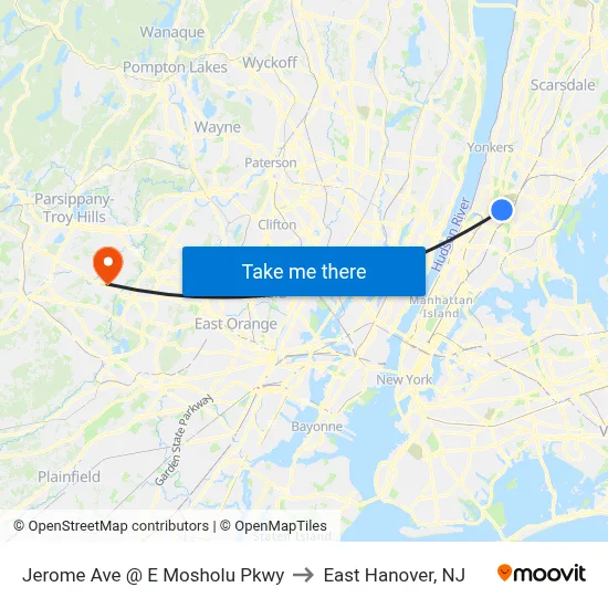 Jerome Ave @ E Mosholu Pkwy to East Hanover, NJ map