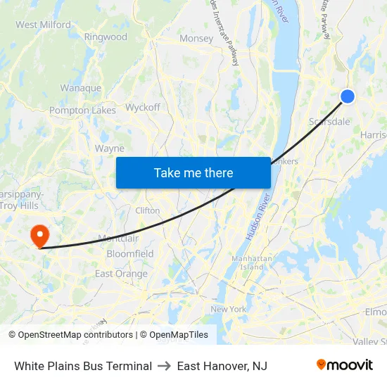 White Plains Bus Terminal to East Hanover, NJ map