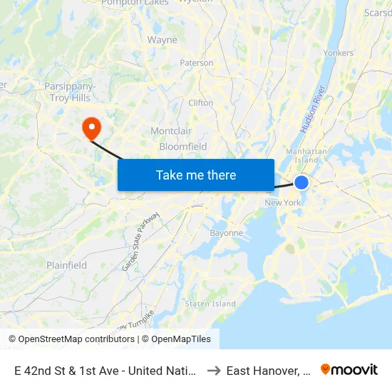 E 42nd St & 1st Ave - United Nations to East Hanover, NJ map