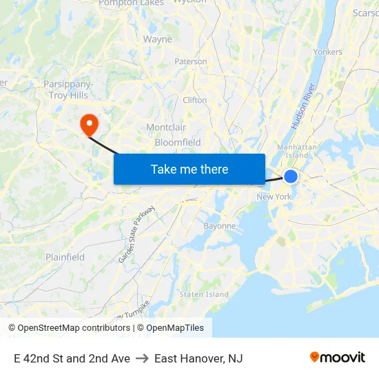 E 42nd St and 2nd Ave to East Hanover, NJ map